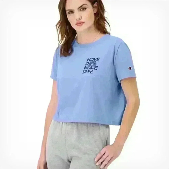 Champion Tops - Champion Women's Tailgate T-Shirt Have a Nice Day Graphic Cropped Tee in Blue XL